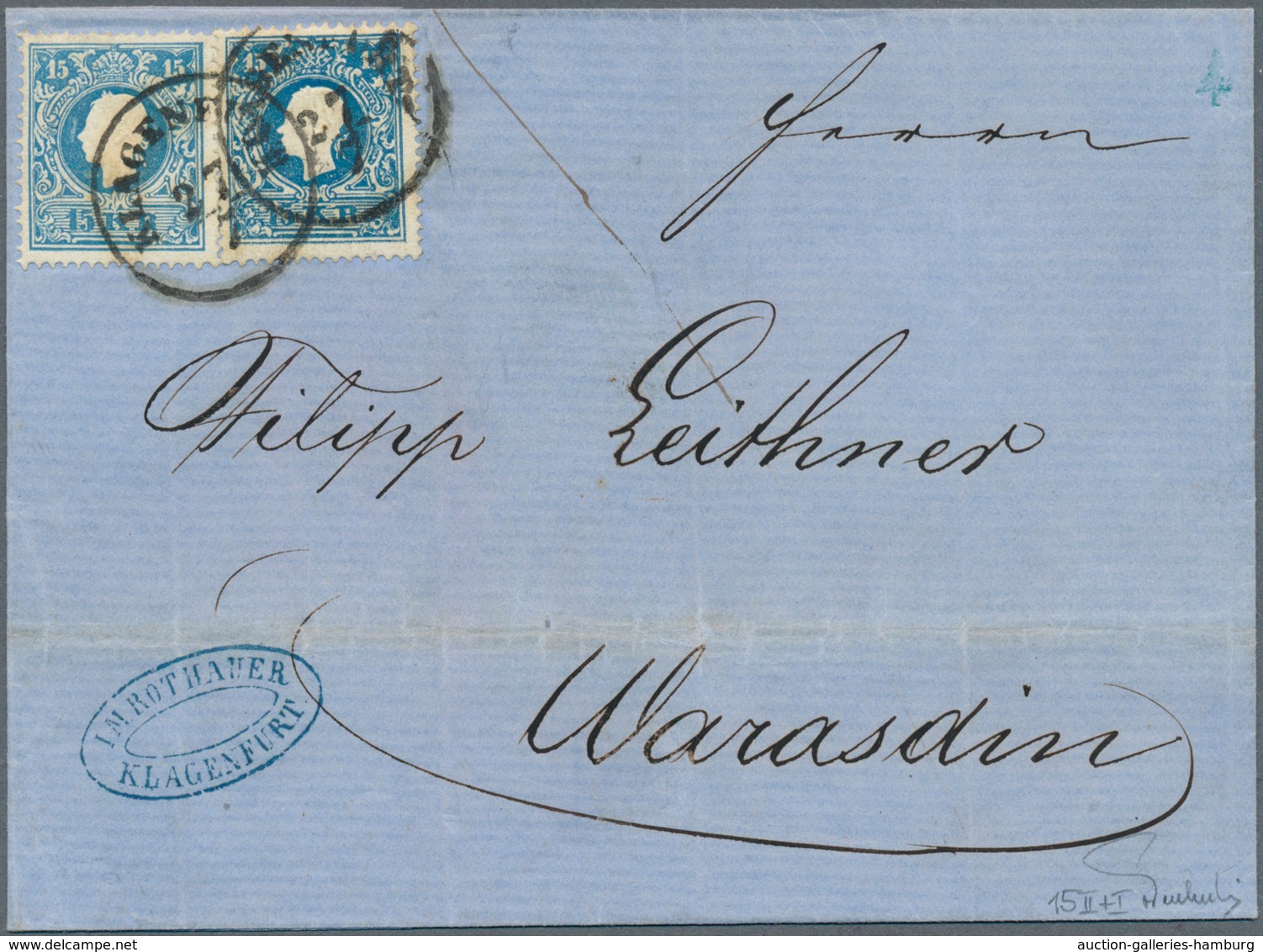Österreich: 1858/59: 15 Kr. Blau, Type II, Im Paar Geklebt Mit 15 Kr. Dunkelblau, Type I, Auf Unbeha - Ungebraucht