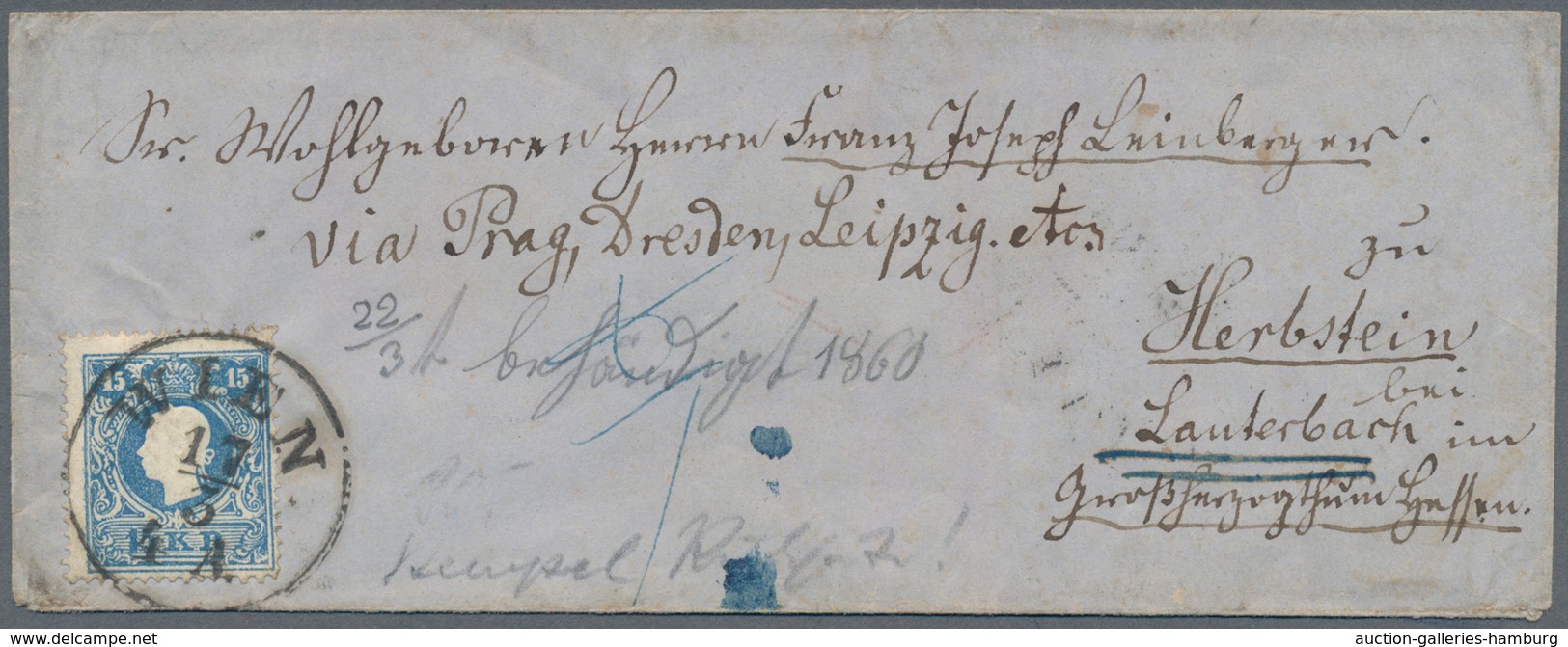 Österreich: 1860, 15 Kr Blau Einzelfrankatur Mit K1 WIEN Und Blauer Taxe "1" Auf Brief Mit Handschr. - Ungebraucht