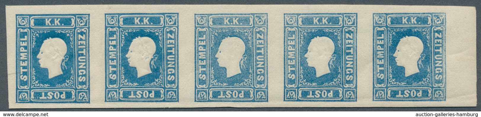 Österreich: 1858, (1,05 Kreuzer) Blau Zeitungsmarke, Type I, Waagerechter Fünferstreifen Vom Rechten - Nuevos