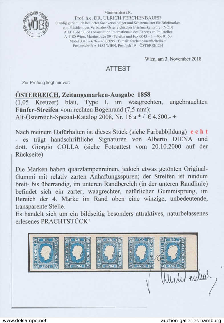Österreich: 1858, (1,05 Kreuzer) Blau Zeitungsmarke, Type I, Waagerechter Fünferstreifen Vom Rechten - Ungebraucht