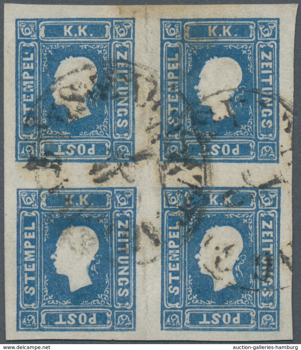 Österreich: 1858, (1.05 Kr Blau) Im 4er-Block Gestempelt, Die Marken Sind Breitrandig Geschnitten Un - Unused Stamps