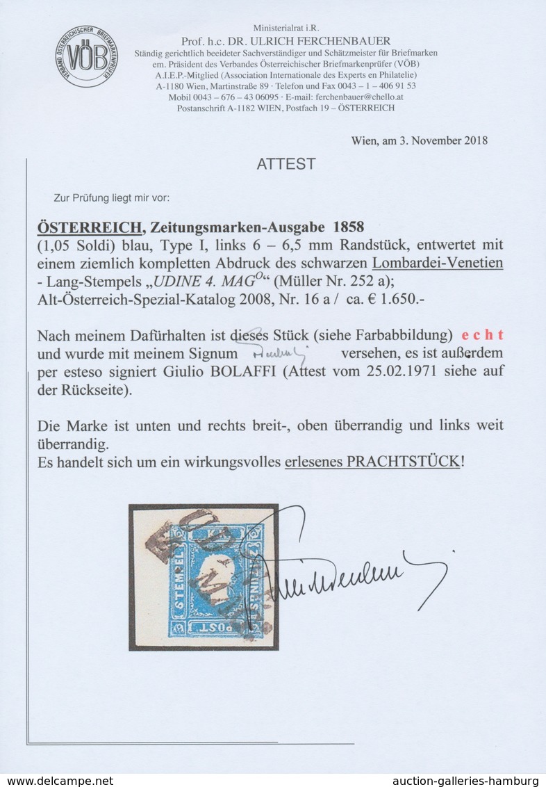 Österreich: 1858, (1,05 Kreuzer/Soldi) Blau Zeitungsmarke, Type I, Allseits Breit- Bis überrandig Vo - Nuevos