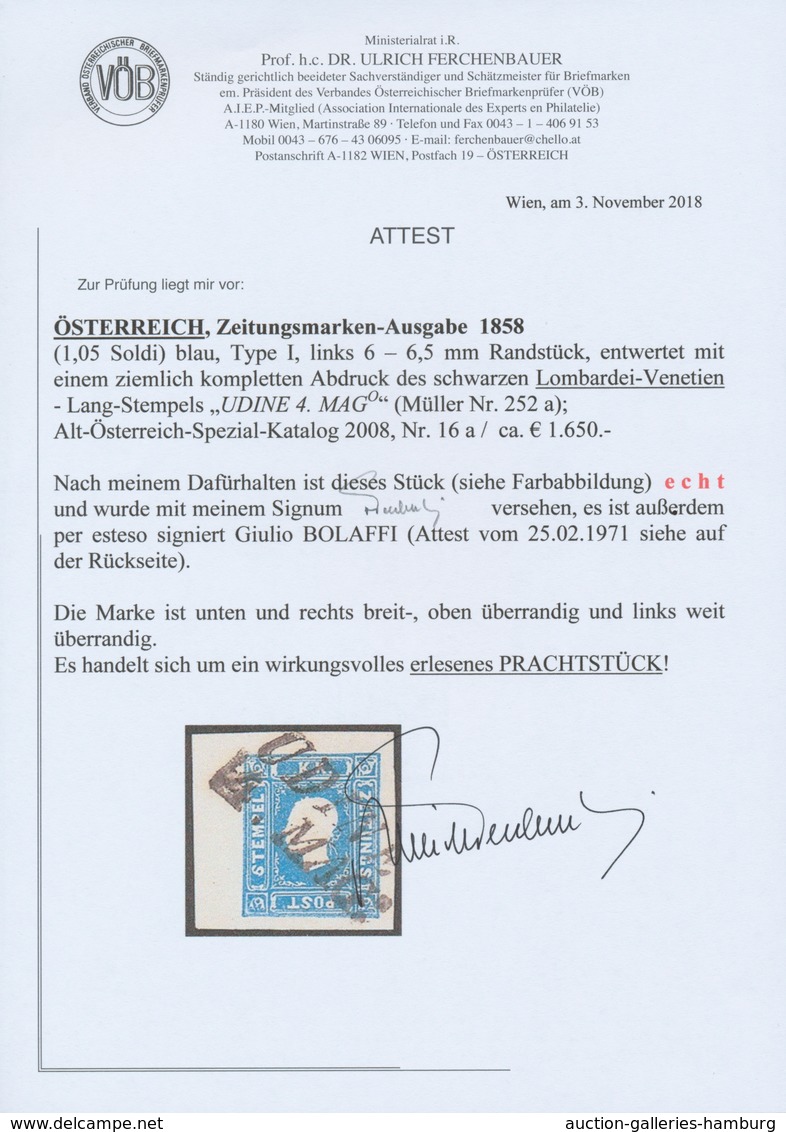 Österreich: 1858, (1,05 Kreuzer/Soldi) Blau Zeitungsmarke, Type I, Allseits Breit- Bis überrandig Vo - Unused Stamps