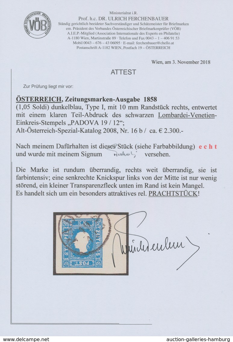 Österreich: 1858, (1,05 Kreuzer/Soldi) Dunkelblau Zeitungsmarke, Type I, Allseits überrandiges Recht - Ongebruikt