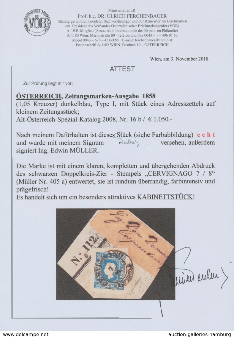 Österreich: 1858, (1,05 Kreuzer/Soldi) Dunkelblau Zeitungsmarke, Type I, Allseits überrandig, Farbin - Ongebruikt