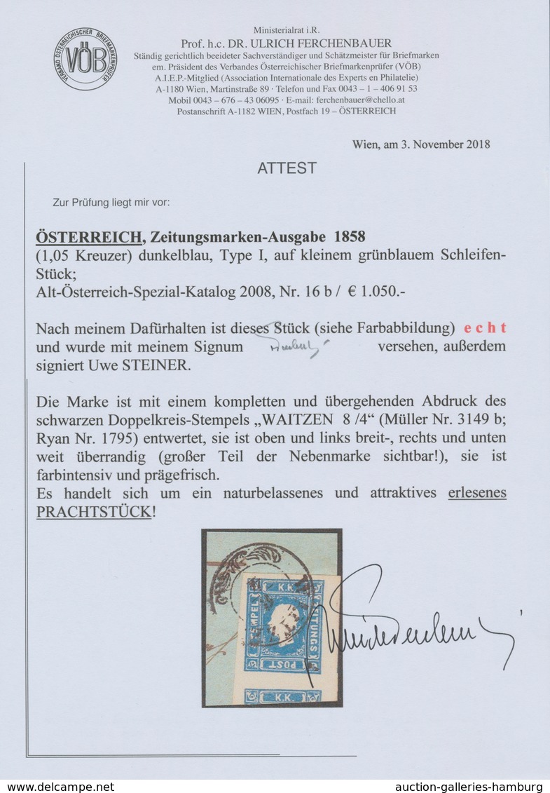 Österreich: 1858, (1,05 Kreuzer) Dunkelblau Zeitungsmarke, Type I, Oben Und Links Breitrandig, Recht - Unused Stamps