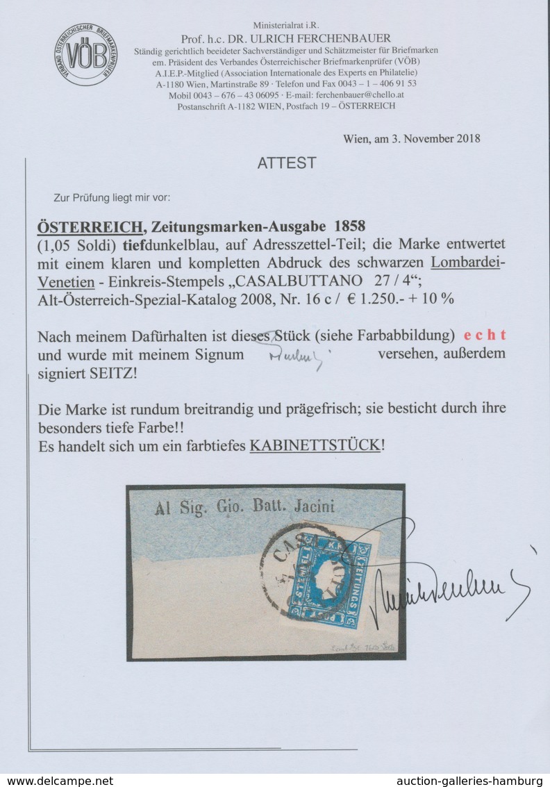 Österreich: 1858, (1,05 Kreuzer/Soldi) Tiefdunkelblau Zeitungsmarke, Type I, Allseits Breitrandig, F - Neufs