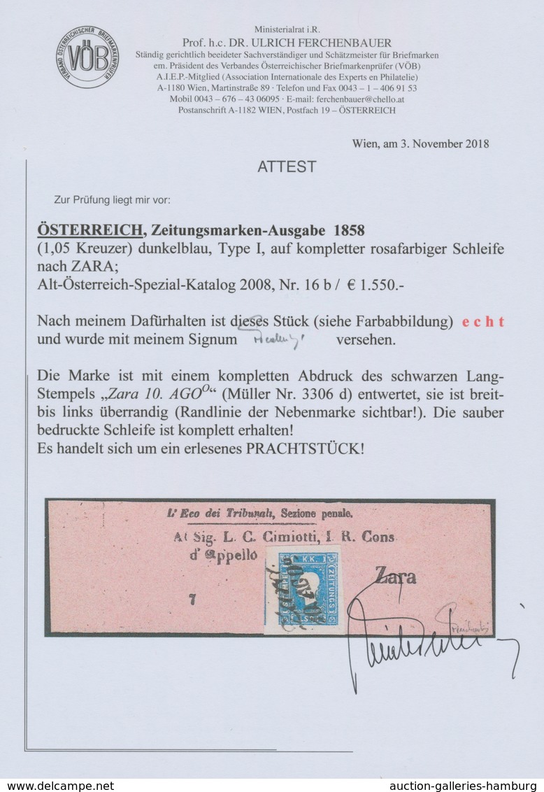 Österreich: 1858, (1,05 Kreuzer) Dunkelblau Zeitungsmarke, Type I, Allseits Breit- Bis überrandig, L - Neufs