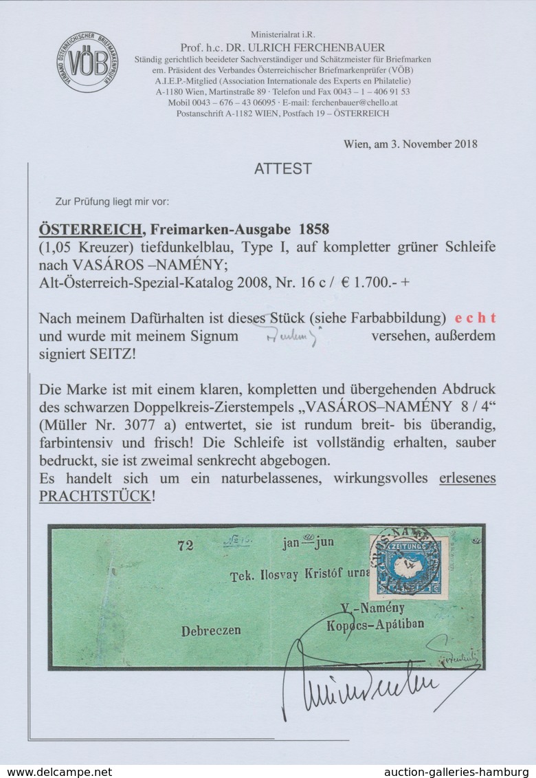 Österreich: 1858, (1,05 Kreuzer) Tiefdunkelblau Zeitungsmarke, Type I, Allseits Breit- Bis überrandi - Ungebraucht