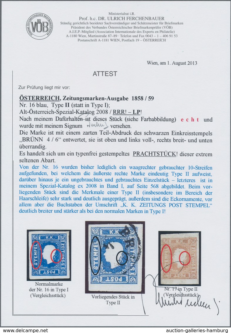 Österreich: 1858, Zeitungsmarke (1,05 Kr) Blau In Type II (statt In Type I), Oben Und Links Voll-, R - Unused Stamps