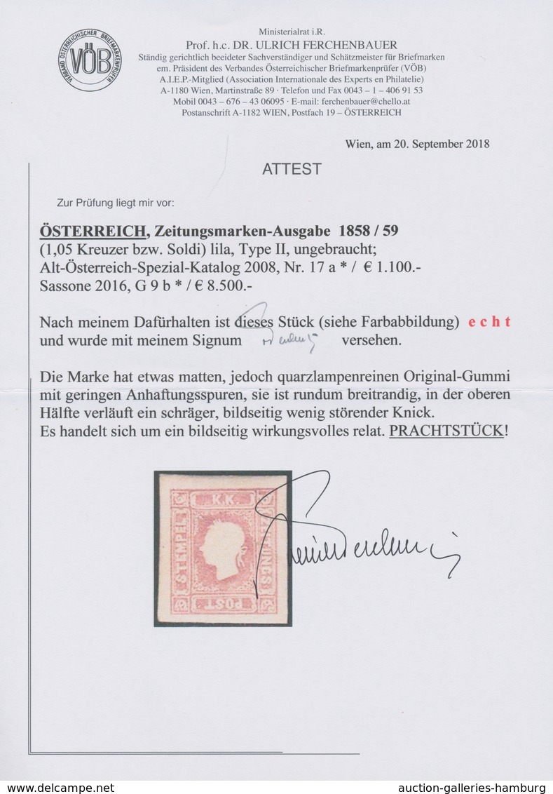 Österreich: 1858/1859, (1.05 Kreuzer Bzw. Soldi) Lila, Type II, Ungebraucht Mit Originalgummi Und Ge - Unused Stamps