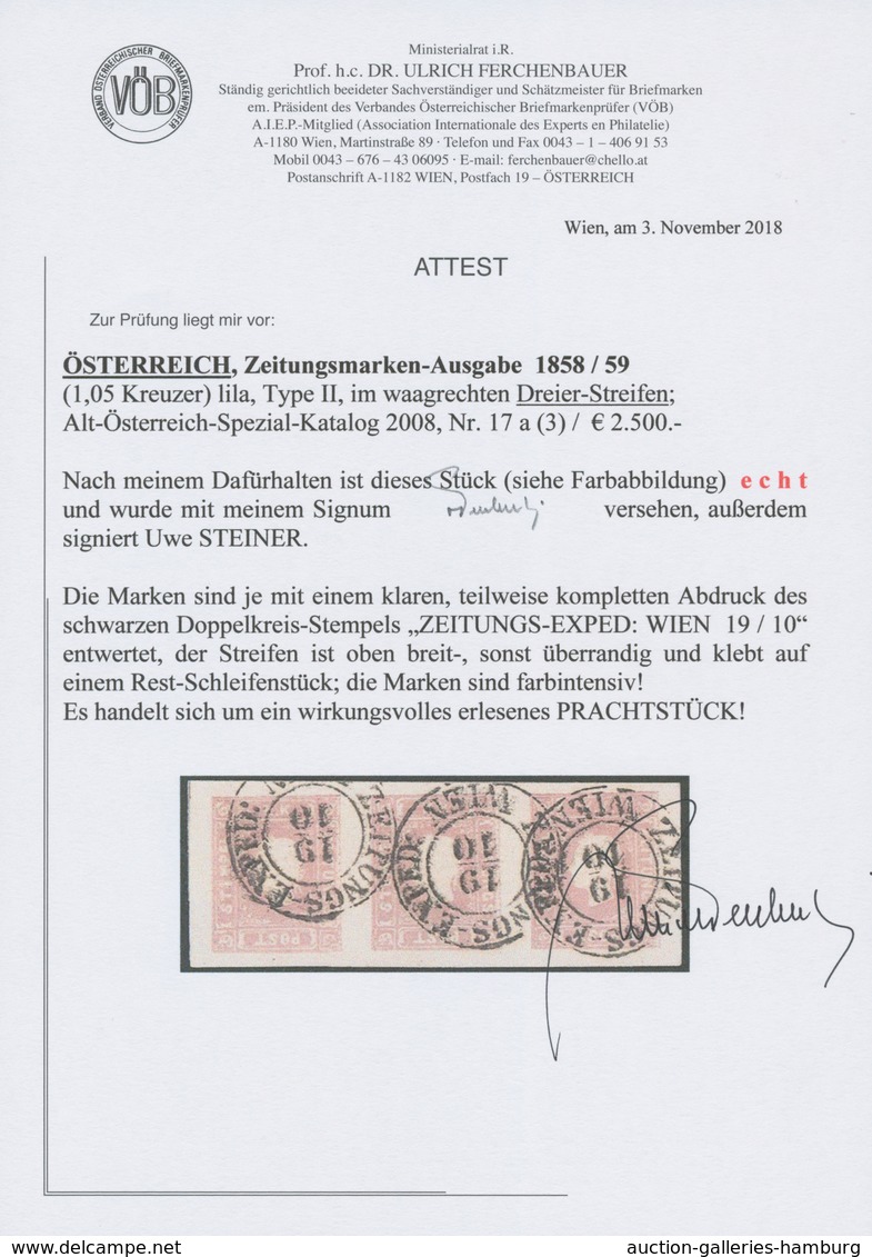 Österreich: 1859, (1,05 Kreuzer) Lila Zeitungsmarke, Type II, Waagerechter Dreierstreifen, Farbinten - Nuevos