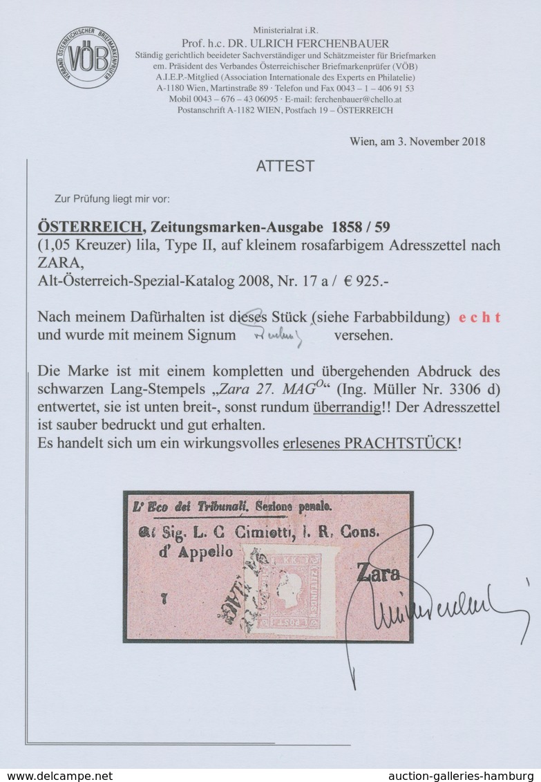 Österreich: 1859, (1,05 Kreuzer) Lila Zeitungsmarke, Type II, Unten Breitrandig, Sonst Allseits über - Ungebraucht