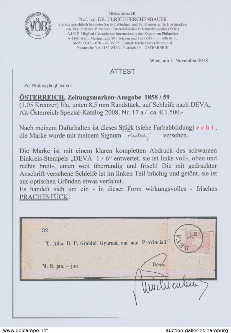 Österreich: 1859, (1,05 Kreuzer) Lila Zeitungsmarke, Type II, Unterrandstück (8,5 Mm), Sonst Voll- B - Unused Stamps