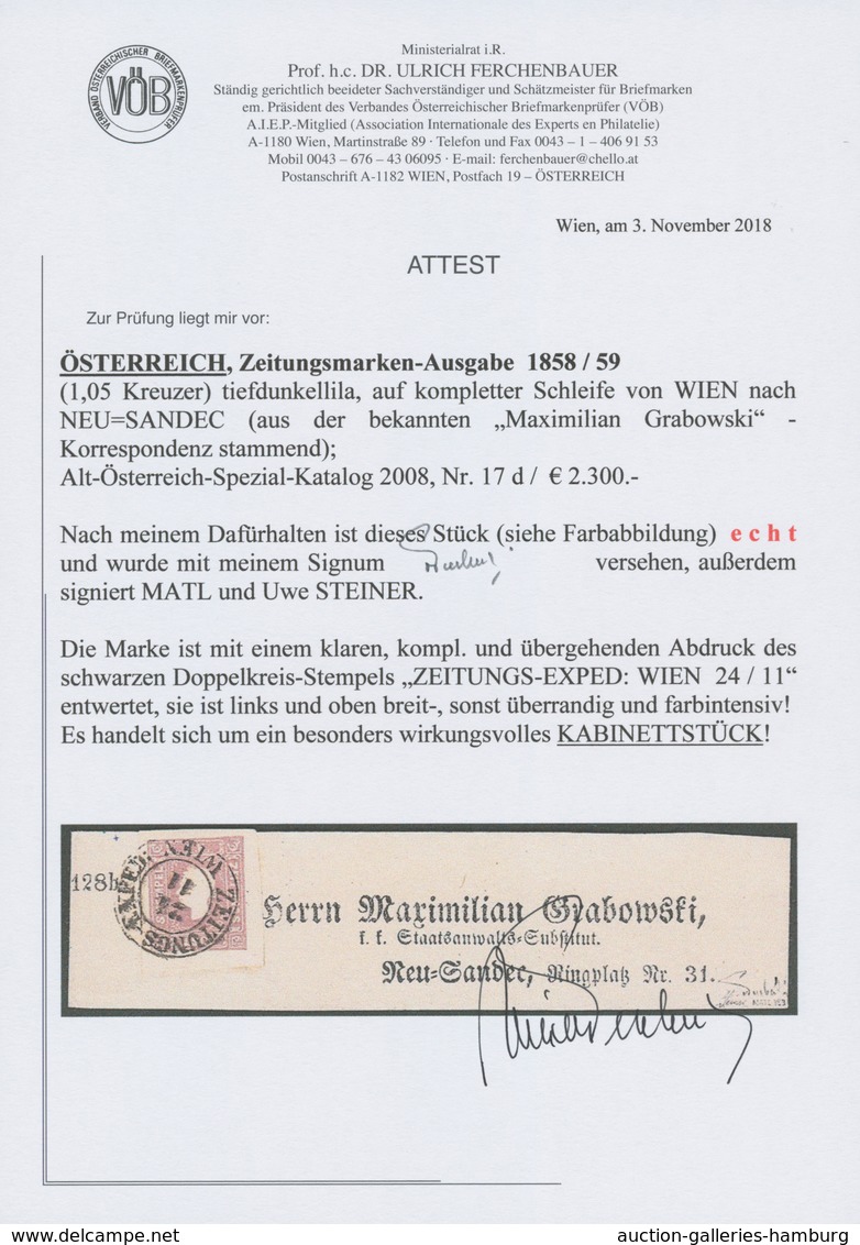 Österreich: 1859, (1,05 Kreuzer) Tiefdunkellila Zeitungsmarke, Type II, Farbfrisch, Allseits Breit- - Ongebruikt