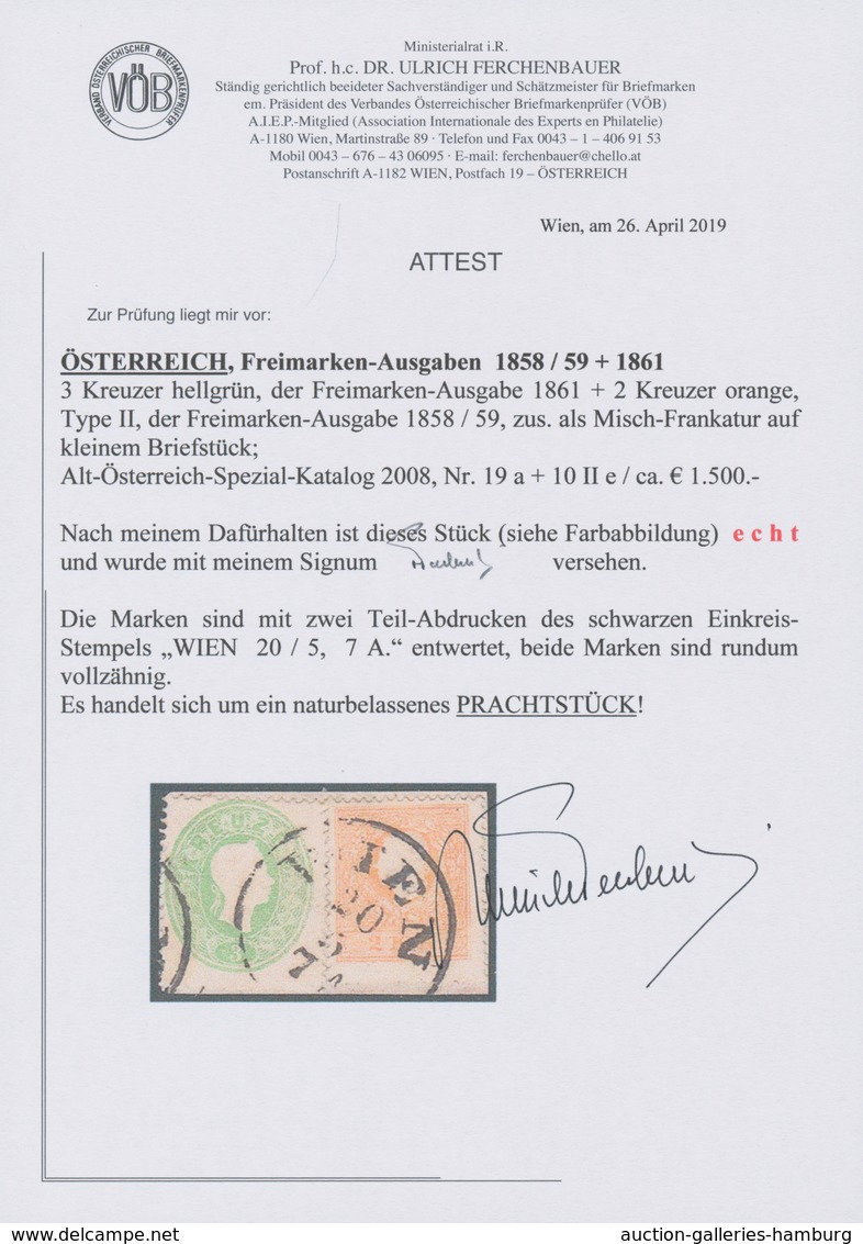 Österreich: 1858 - 1861, Freimarken Kaiser Franz Joseph 3 Kr Hellgrün Und 2 Kr Orange Auf Briefstück - Unused Stamps