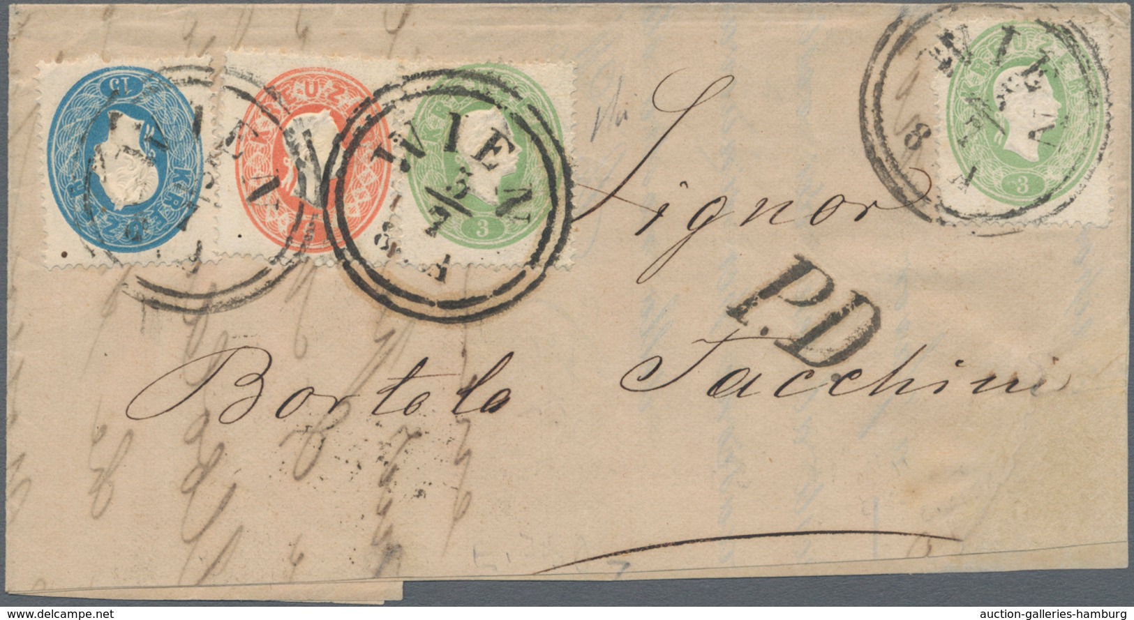 Österreich: 1862, 2 X 3 Kr Grün, 5 Kr Rot Und 15 Kr Blau, Attraktive 3-Farbenfrankatur Auf Faltbrief - Unused Stamps