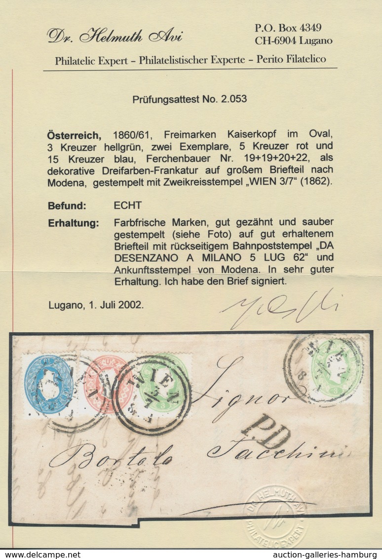 Österreich: 1862, 2 X 3 Kr Grün, 5 Kr Rot Und 15 Kr Blau, Attraktive 3-Farbenfrankatur Auf Faltbrief - Ungebraucht