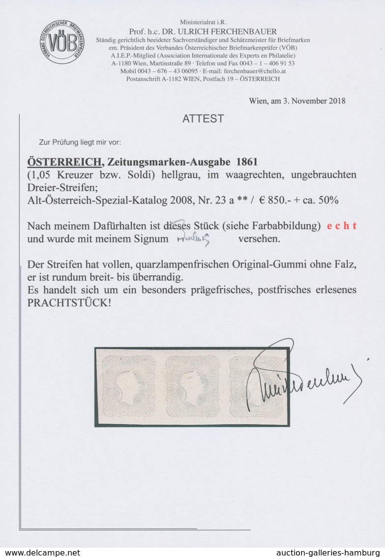 Österreich: 1861, (1,05 Kreuzer) Hellgrau Zeitungsmarke, Waagerechter Dreierstreifen, Prägefrisch, A - Ungebraucht
