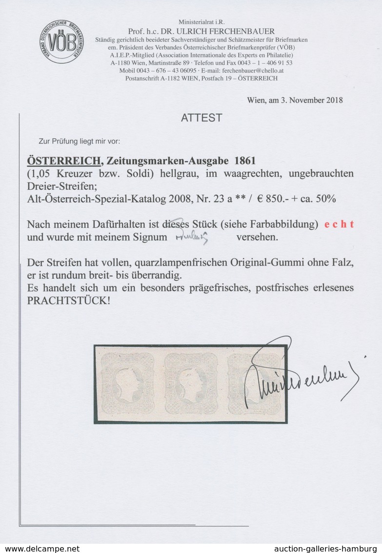 Österreich: 1861, (1,05 Kreuzer) Hellgrau Zeitungsmarke, Waagerechter Dreierstreifen, Prägefrisch, A - Ongebruikt