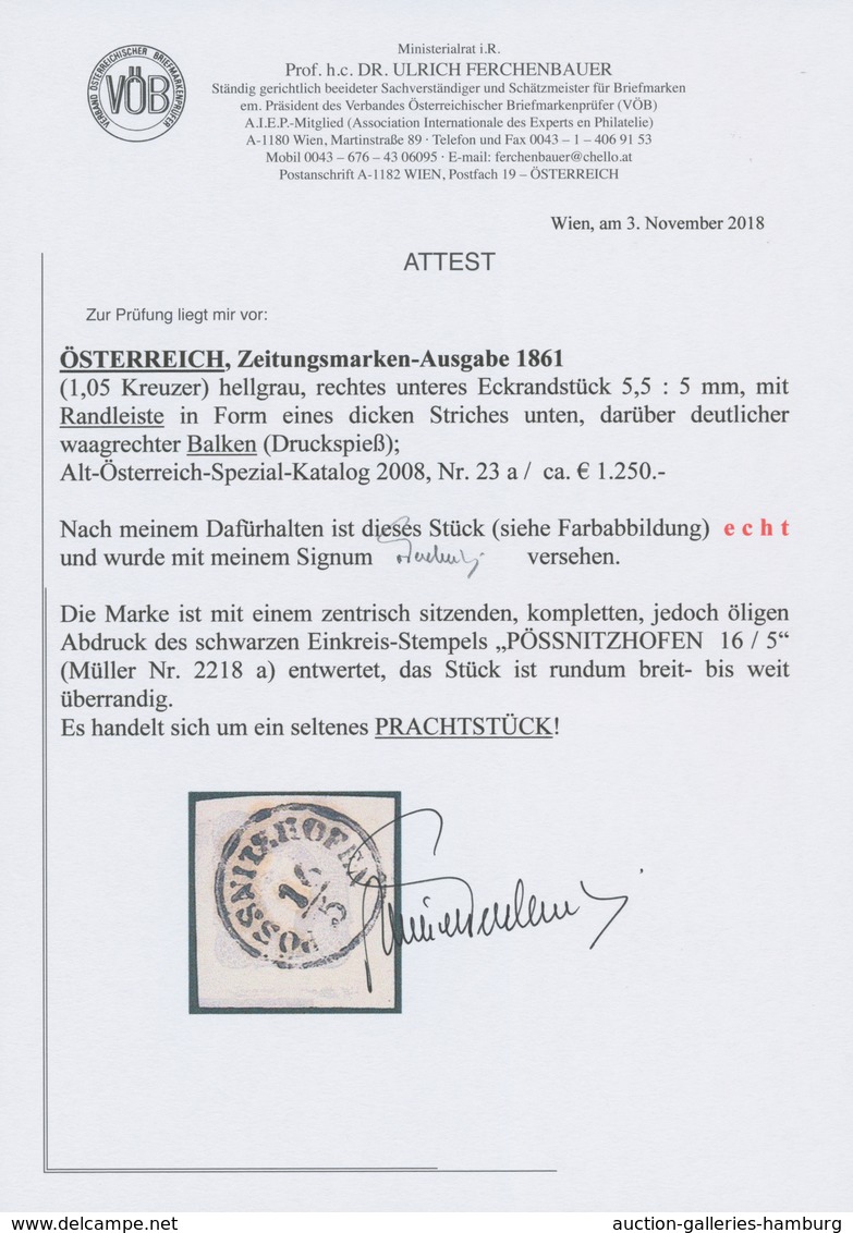 Österreich: 1861, (1,05 Kreuzer) Hellgrau Zeitungsmarke, Rechtes Unteres Eckrandstück (5,5 : 5 Mm), - Ongebruikt