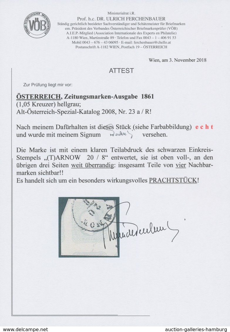 Österreich: 1861, (1,05 Kreuzer) Hellgrau Zeitungsmarke, Oben Vollrandig, An Den übrigen 3 Seiten Ri - Unused Stamps