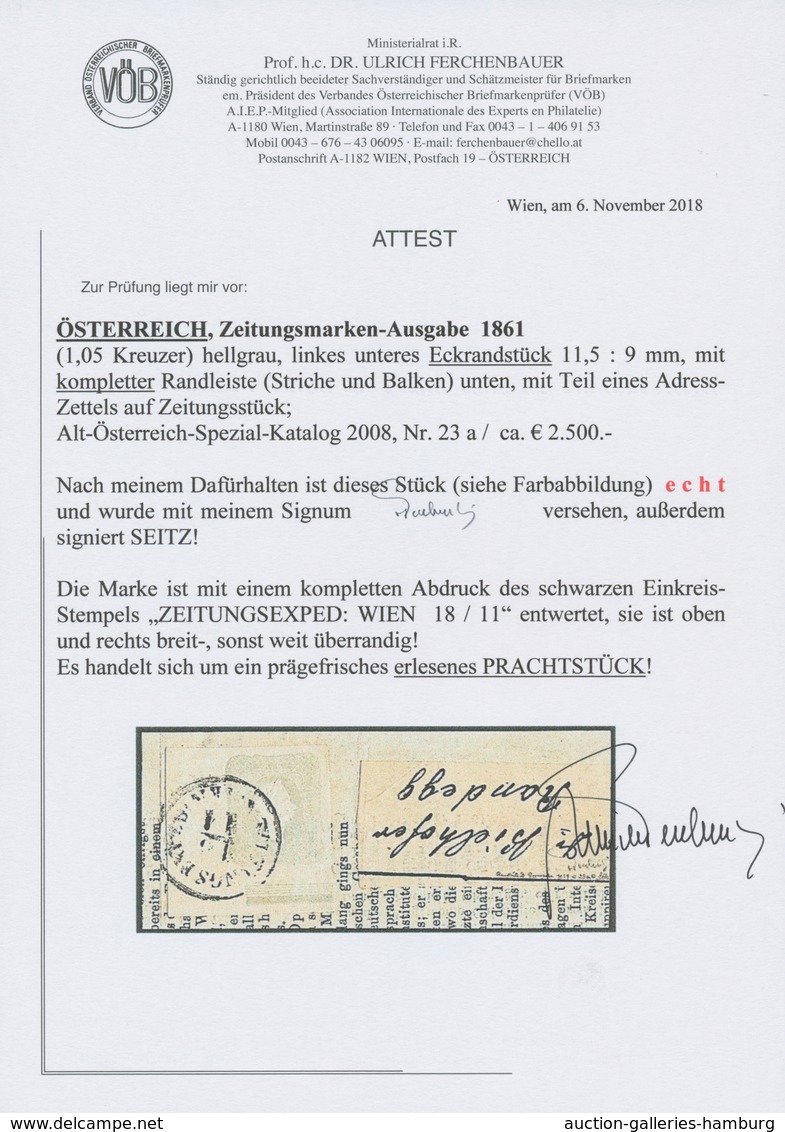 Österreich: 1861, (1,05 Kreuzer) Hellgrau Zeitungsmarke, Linkes Unteres Eckrandstück (11,5 : 9 Mm), - Nuevos