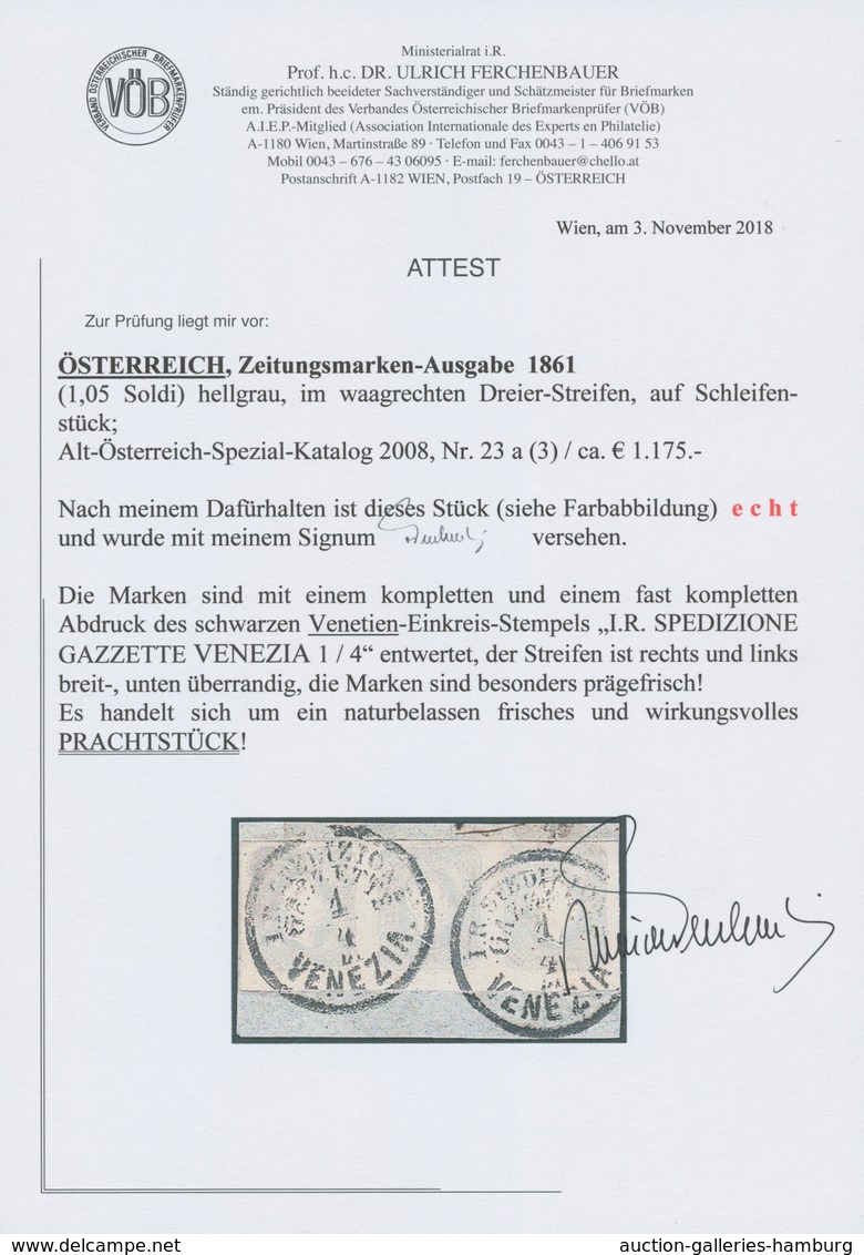 Österreich: 1861, (1,05 Kreuzer/Soldi) Hellgrau Zeitungsmarke, Waagerechter 3er-Streifen, Prägefrisc - Unused Stamps