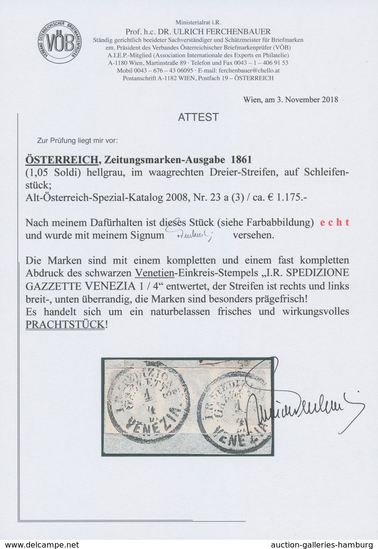 Österreich: 1861, (1,05 Kreuzer/Soldi) Hellgrau Zeitungsmarke, Waagerechter 3er-Streifen, Prägefrisc - Neufs