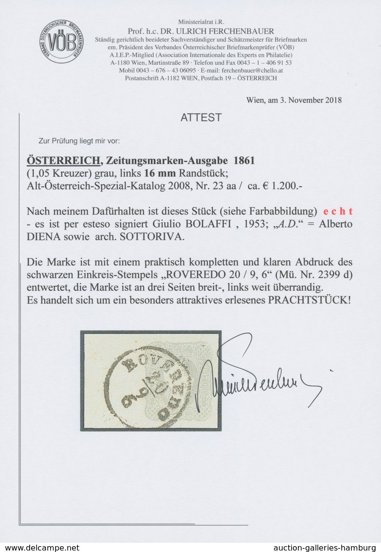 Österreich: 1861, (1,05 Kreuzer) Grau Zeitungsmarke, Linkes Randstück (16 Mm), Sonst Dreiseitig Brei - Ungebraucht
