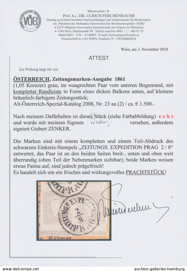 Österreich: 1861, (1,05 Kreuzer) Grau Zeitungsmarke, Waagerechtes Paar Vom Unteren Bogenrand Mit Kom - Ongebruikt