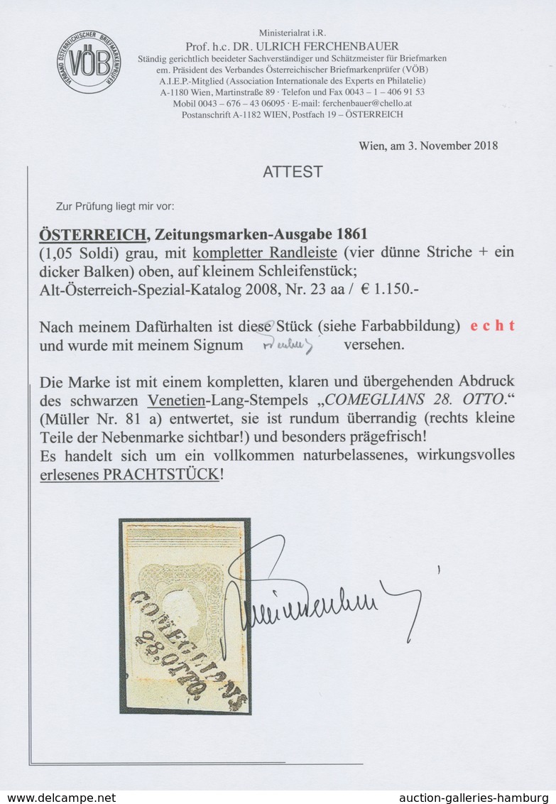 Österreich: 1861, (1,05 Kreuzer/Soldi) Grau Zeitungsmarke, Prägefrisches Oberrandstück Mit Komplette - Ungebraucht
