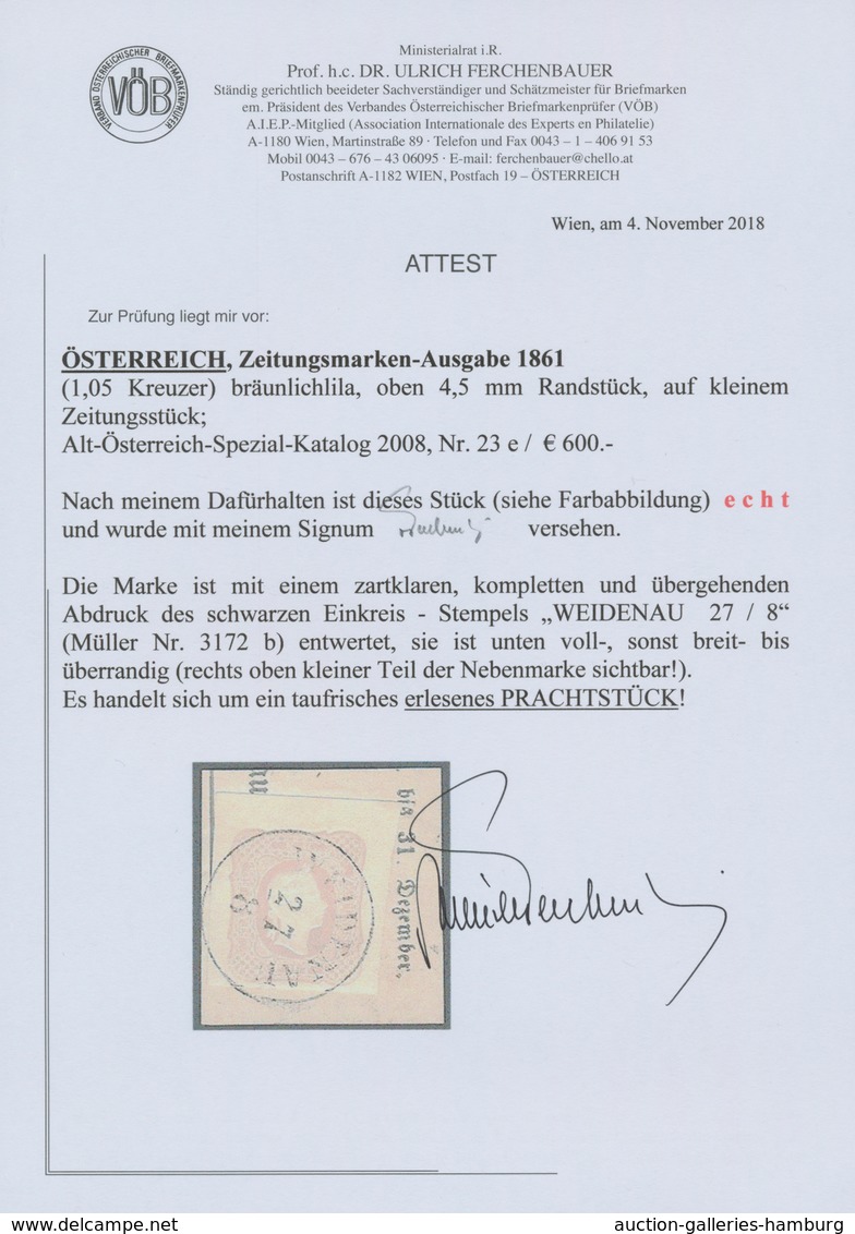 Österreich: 1861, (1,05 Kreuzer) Bräunlichlila Zeitungsmarke, Oberrandstück (4,5 Mm), Seitlich Und U - Ungebraucht