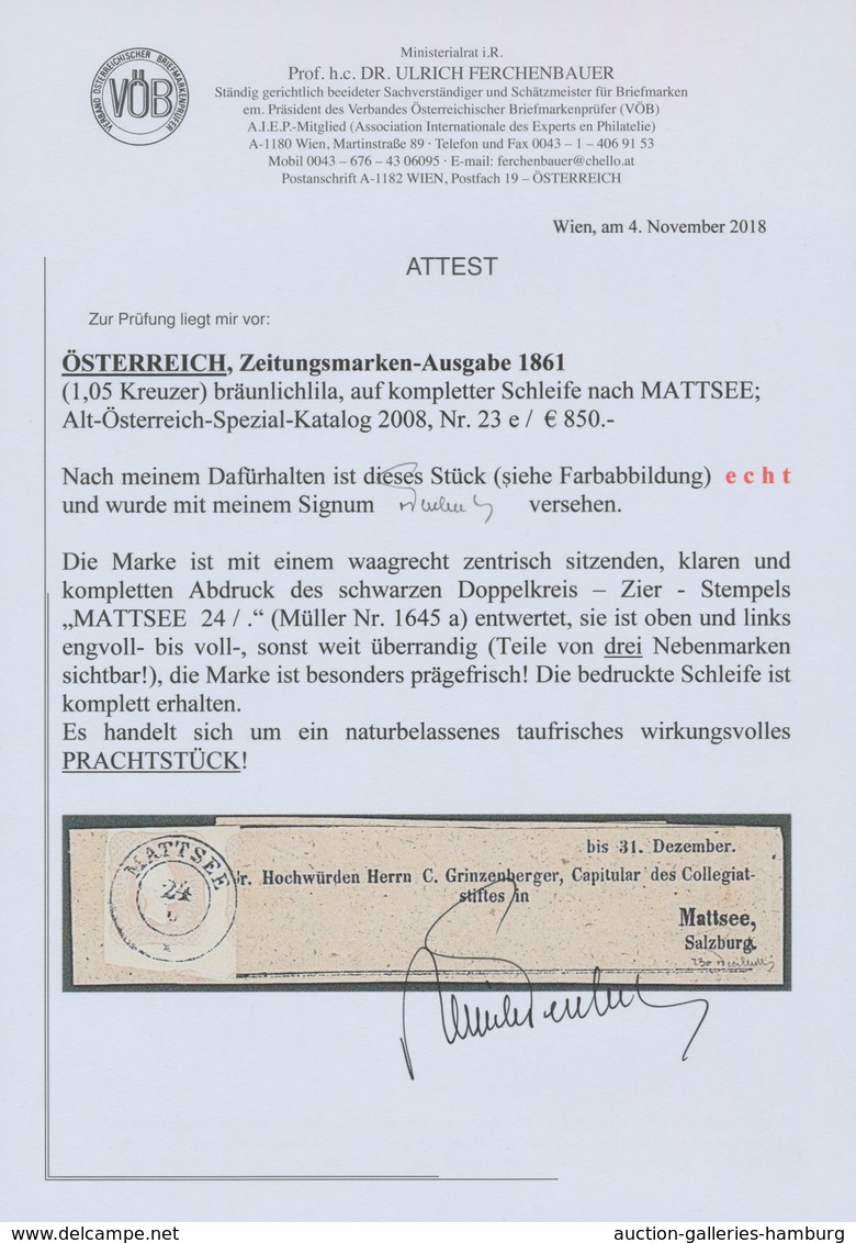 Österreich: 1861, (1,05 Kreuzer) Bräunlichlila Zeitungsmarke, Prägefrisch, Rechts Und Oben Noch Voll - Nuevos