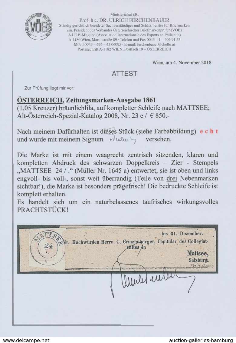 Österreich: 1861, (1,05 Kreuzer) Bräunlichlila Zeitungsmarke, Prägefrisch, Rechts Und Oben Noch Voll - Ongebruikt