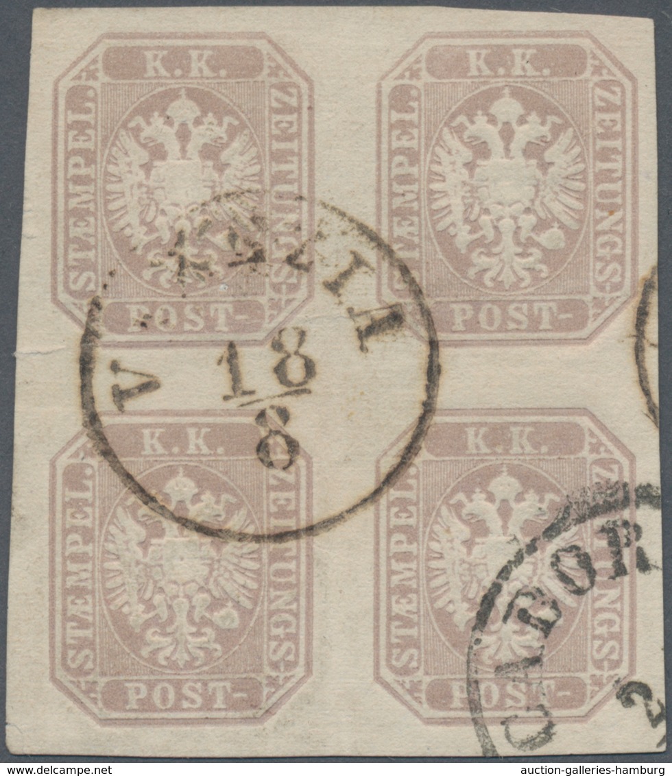 Österreich: 1863, (2.05 Kr Graubraun) Zeitungsmarke Im 4er-Block Entwertet Mit LOMBARDEI-VENETIEN-K1 - Neufs