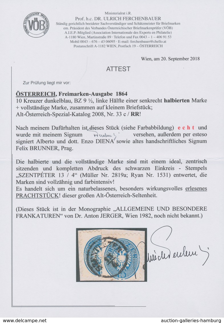 Österreich: 1863/1864, 10 Kreuzer Blau + 10 Kr Senkr. HALBIERUNG (li. Hälfte) Ideal Zentrisch überge - Ungebraucht