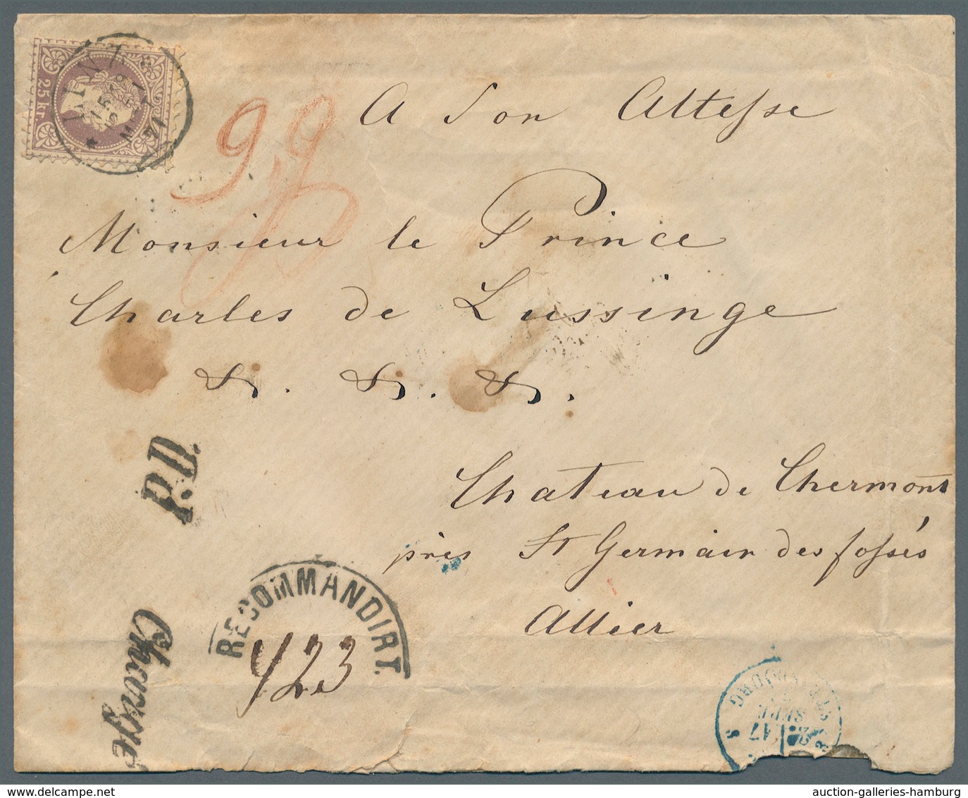 Österreich: 1871. Gesiegelter, Eingeschriebener Brief An 'Prince Charles De Lussinge, Chateau Chermo - Neufs