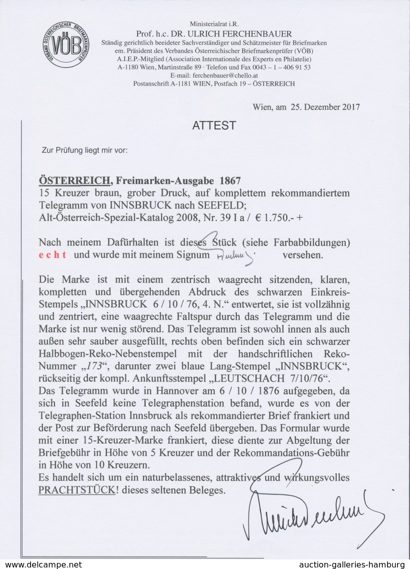 Österreich: 1863, 15 Kr Braun, Grober Druck, Tarifgerecht Auf Vollständigem Telegramm Von INNSBRUCK - Nuevos