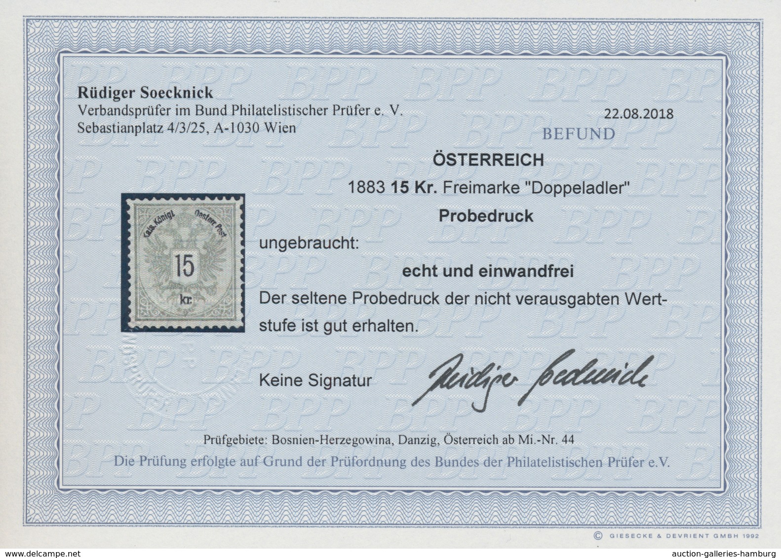 Österreich: 1883, 15 Kr Doppeladler Grau, Probedruck Der Nicht Verausgabten Wertstufe In Endgültiger - Nuevos