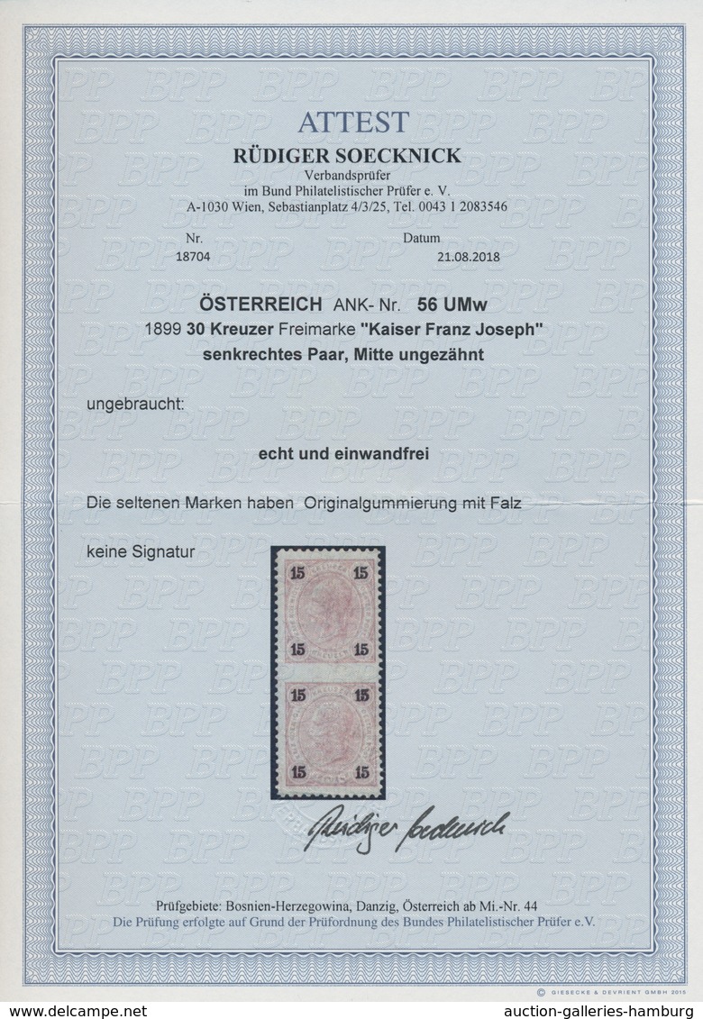 Österreich: 1890, 15 Kr Franz Joseph Im Senkrechten, Mittig Waagerecht Ungezähnten Ungebrauchten Pra - Unused Stamps