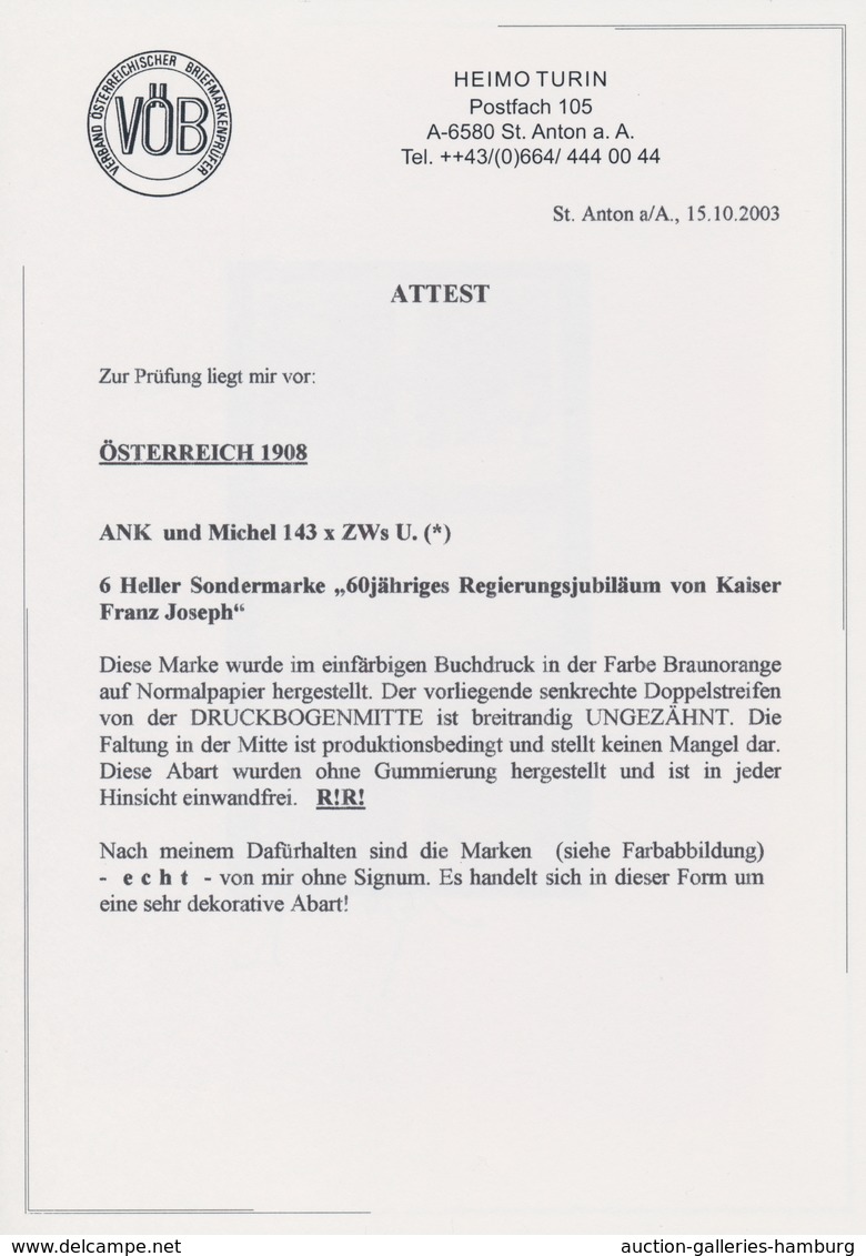 Österreich: 1908, 6 H Regierungsjubiläum Ungezähnt Im Senkrechten Zwischensteg-Viererblock Auf Ungum - Ongebruikt