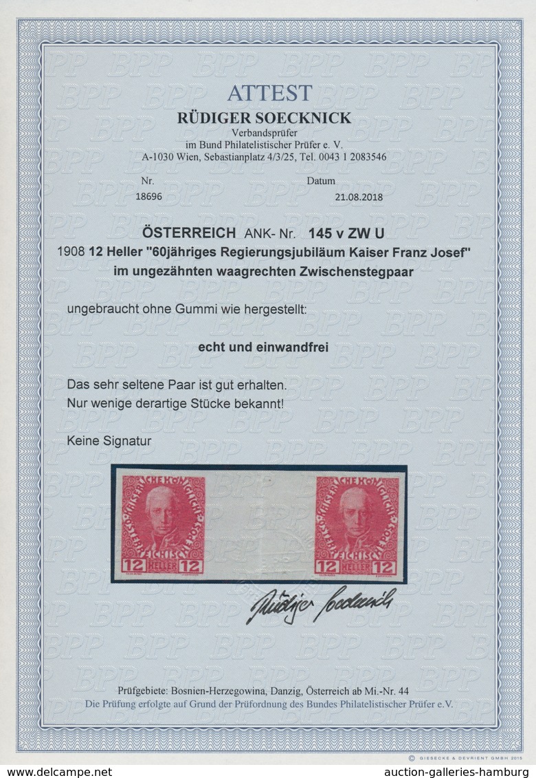 Österreich: 1908, 12 H Regierungsjubiläum Ungezähnt Im Waagerechten Zwischensteg-Paar Auf Ungummiert - Unused Stamps