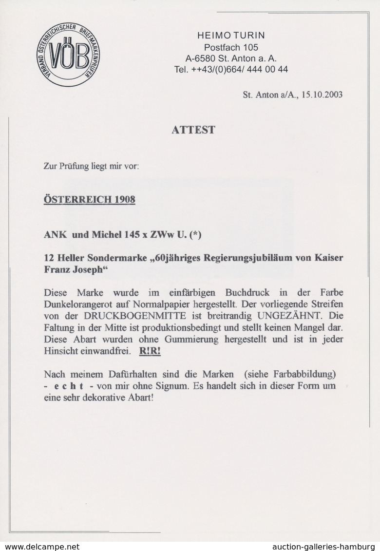 Österreich: 1908, 12 H Regierungsjubiläum Ungezähnt Im Waagerechten Zwischensteg-Paar Auf Ungummiert - Ongebruikt