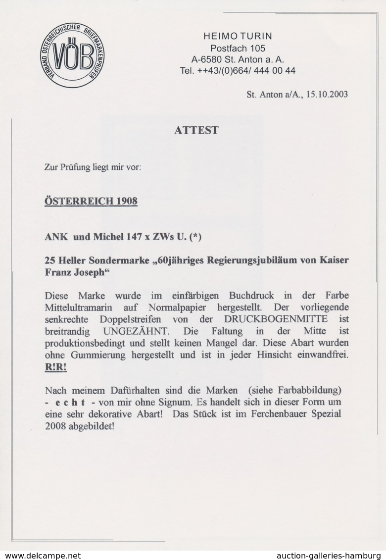 Österreich: 1908, 25 H Regierungsjubiläum Ungezähnt Im Senkrechten Zwischensteg-Viererblock Auf Ungu - Ungebraucht