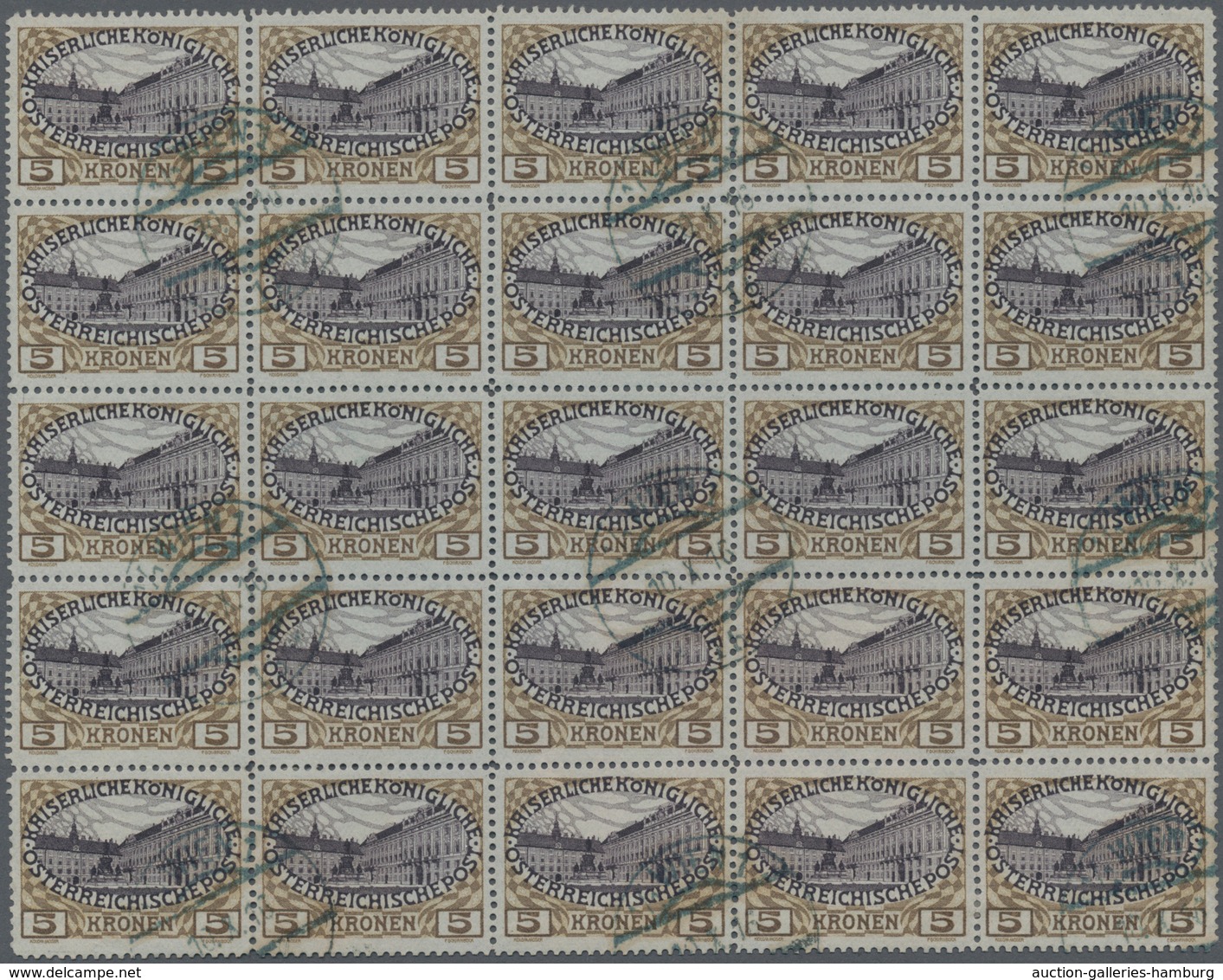 Österreich: 1908, Jubiläumsausgabe, 5 Kr. Auf Grauem Tiefdruckpapier, 25er-Block (teils Etwas Unruhi - Unused Stamps