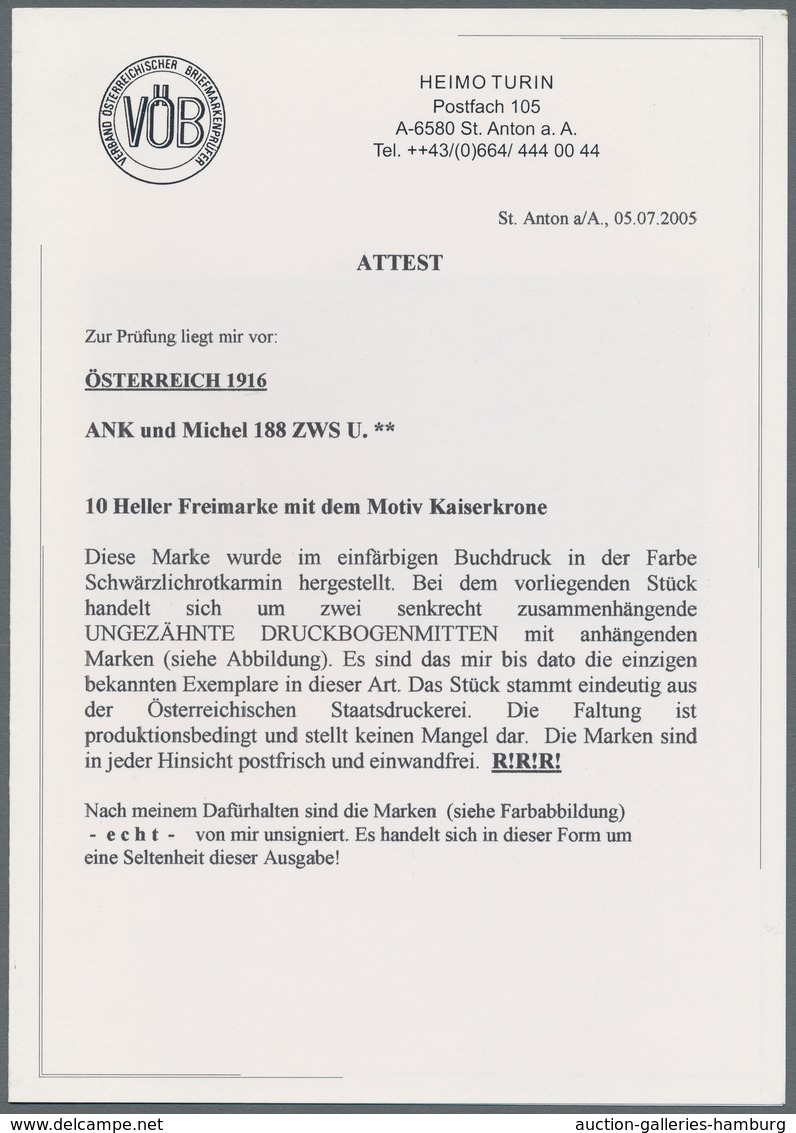 Österreich: 1916, 10 H Kaiserkrone Ungezähnt Im Waagerechten Achterblock Mit 2 Zwischenstegpaaren, D - Ungebraucht