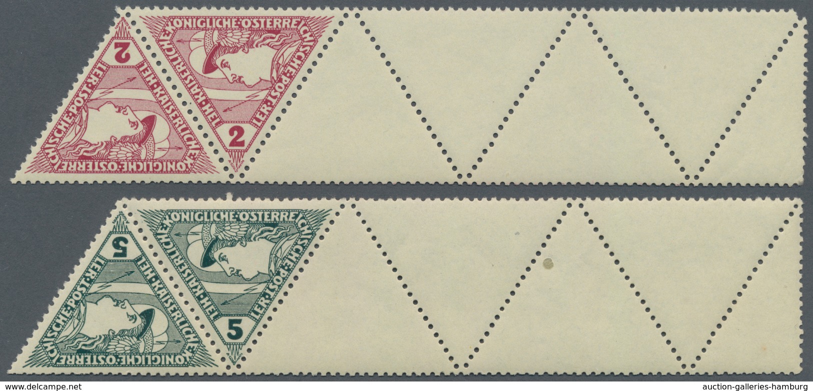 Österreich: 1916, 2 Und 5 H Merkur Dreiecksmarken Jeweils Im Paar Mit Anhängend Vollständigem 4½-Lee - Ungebraucht