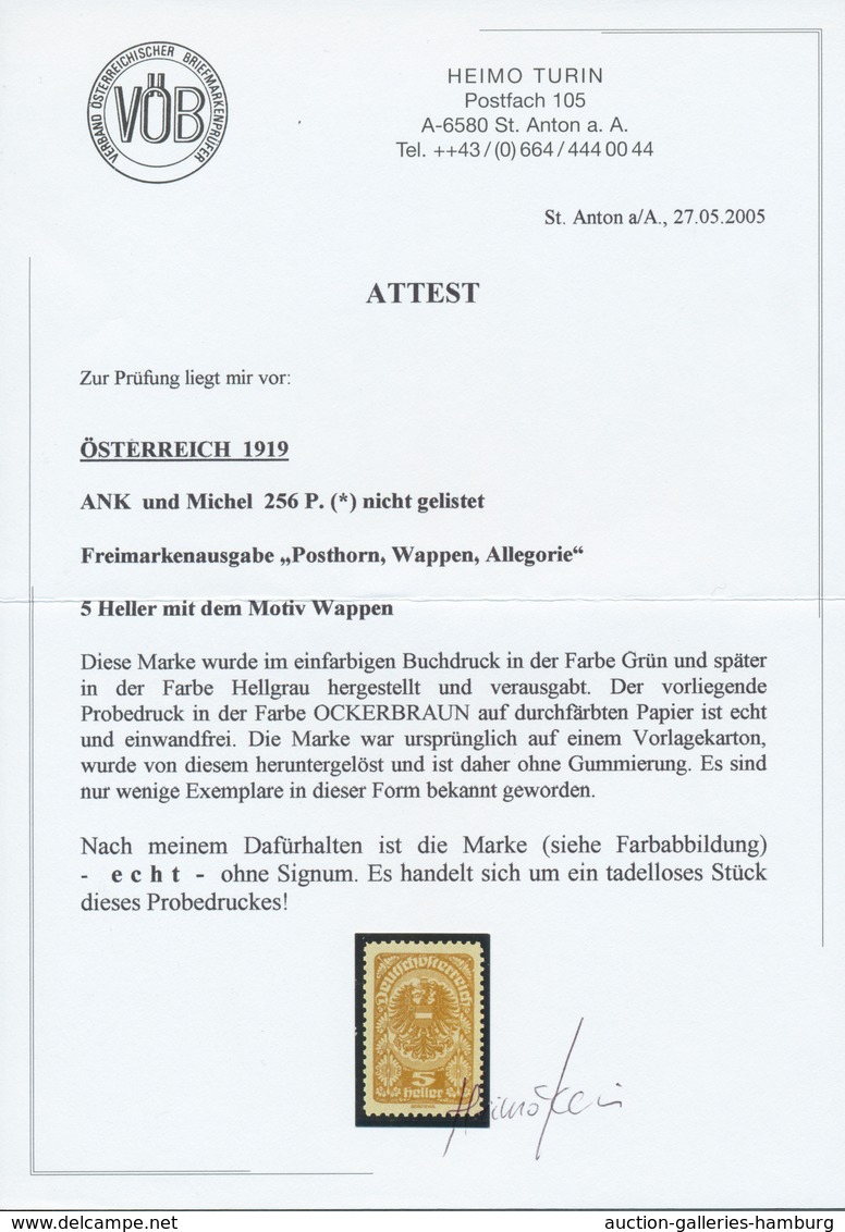 Österreich: 1919/1920, Freimarken, 5 H. Als Farbprobe In Ockerbraun Und Mit Linienzähnung, Auf Ungum - Nuevos