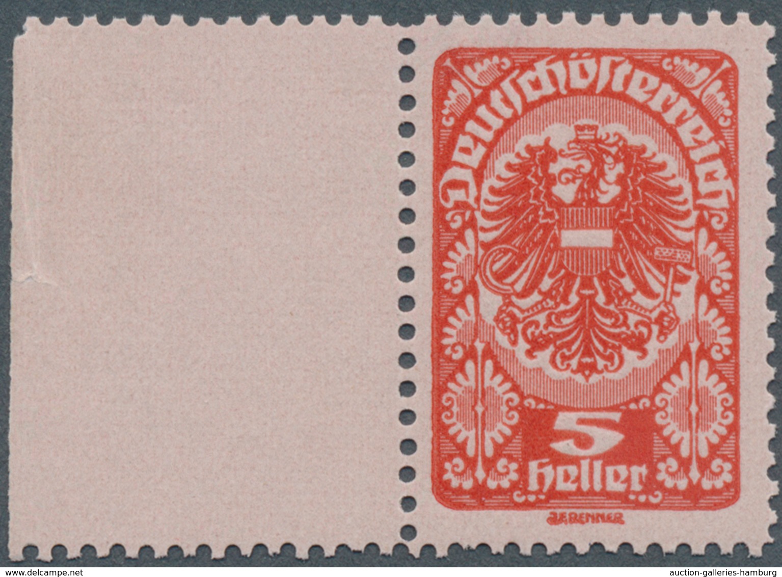 Österreich: 1919/1920, Freimarken, 5 H. Als Farbprobe In Rot Auf Rosa Papier Und Mit Linienzähnung, - Nuevos